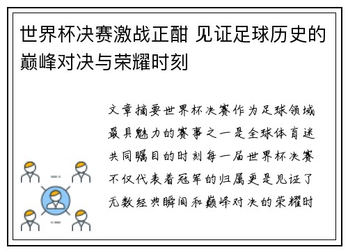 世界杯决赛激战正酣 见证足球历史的巅峰对决与荣耀时刻