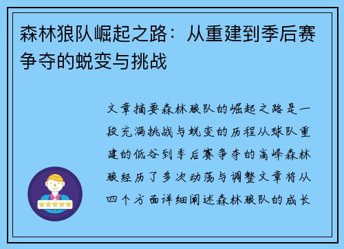 森林狼队崛起之路：从重建到季后赛争夺的蜕变与挑战